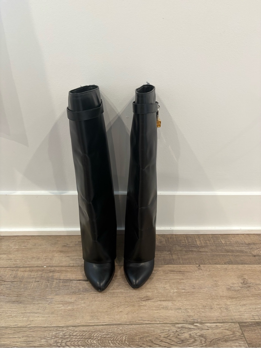 Givenchy Black Knee-High Pointed-Toe Leather Boots with Strap Detail